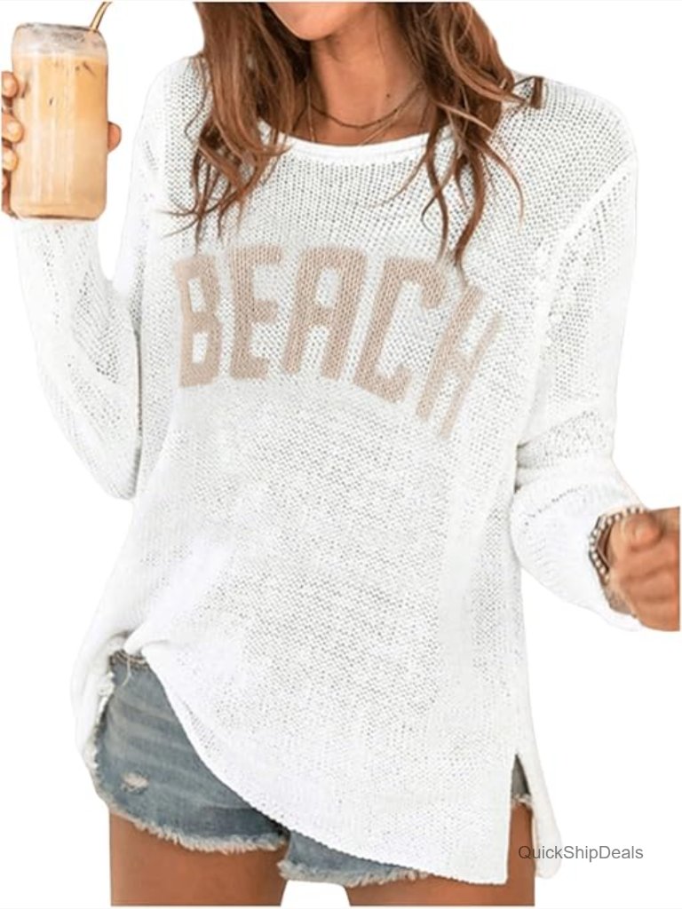 Letter Print Long Sleeve Split Hem Crochet Jumper Beach Cover Up Top